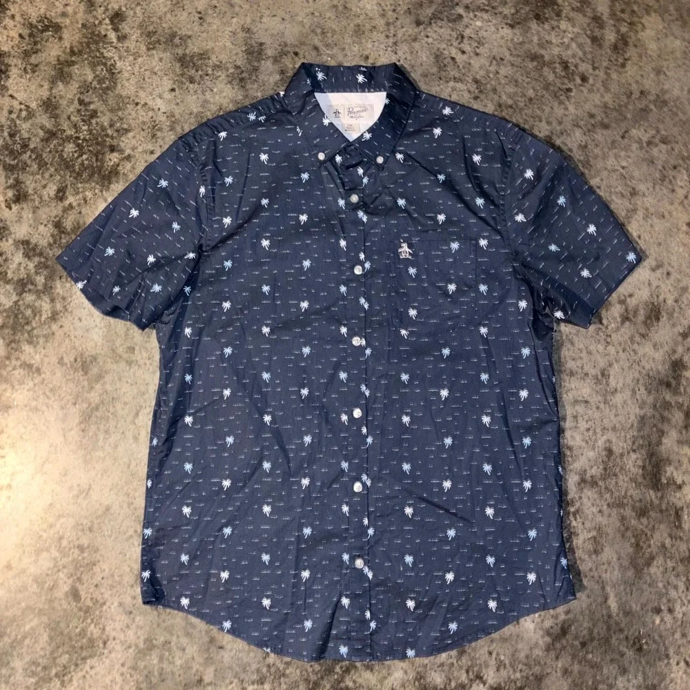 Lot of 2 Penguin Munsingwear Shirt Mens L Navy Blue Stars & Palm Print Button Up - Picture 9 of 15